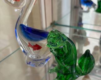 Blown Glass Pelican Eating Fish Figurine/Paperweight, Blown Glass Kanawha Green Squirrel Figurine/Paperweight