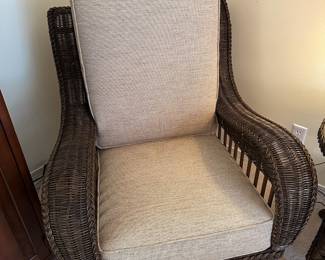 Brown Wicker Arm Chair with Tan Cushions