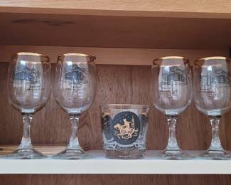 Pair of Libbey Gold Bouquet Amber Floral Etched Lowball Glasses, Libbey Black Gold "Paul Revere" Whiskey Glass