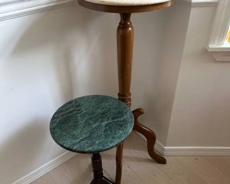 Mahogany Tripod Table with Round Green Marble Top, Victorian Tripod Plant Stand with Round White Marble Top