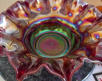Red Carnival Glass Ruffled Edge Bowl