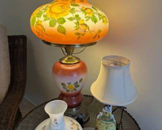 Victorian Style Electric Hurricane Lamp with Red/White Hombre and Yellow Floral Pattern