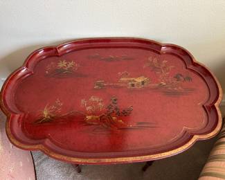 Red/Gold Chinoiserie Style Tray Side Table