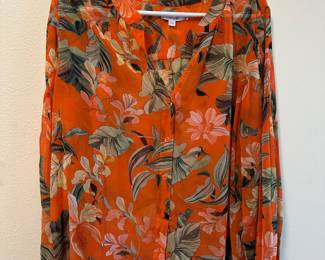 Chico's Orange Floral Sheer Button Up Long Sleeve Blouse