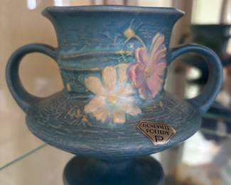 Roseville Pottery Blue Cosmos 2 Handled Vase