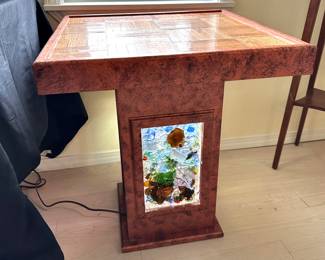 Illuminated Colorful Glass Pedestal Side Table with Parquet Wood Top