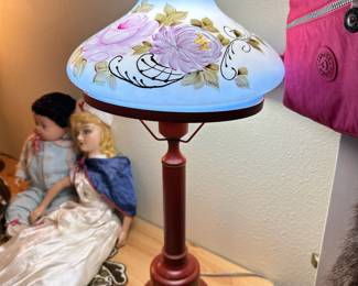 Hurricane Style Electric Table Lamp with Pink Floral Painted Design