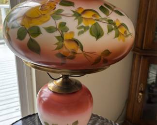 Victorian Style Electric Hurricane Lamp with Red/White Hombre and Yellow Floral Pattern