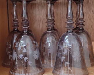Set of 8 Smoky Floral Etched Wine Glasses