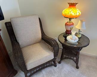 Brown Wicker Arm Chair with Tan Cushions - Matching Side Table with Glass Top