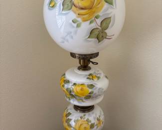 Victorian Milk 3 Tier Hurricane Lamp with Yellow Floral Design
