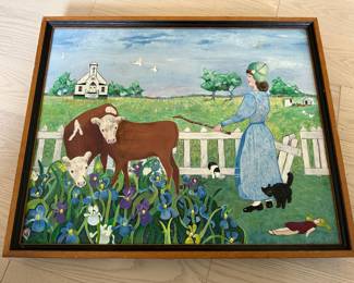 Framed Folk Art Painting of Farm by Marjorie Lee