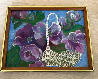 Framed Painting Basket of Purple Pansies by Marjorie Lee
