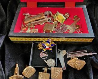 Vintage Jewelry Collection - Cufflinks, Pins and Memorabilia Box