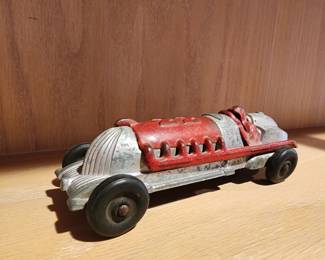 Vintage Cast Iron Race Car Toy - Red and Silver Streamlined Design