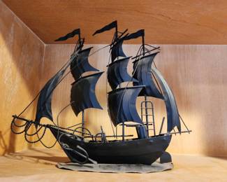 Vintage Metal Sailing Ship Model - Three-Masted Decorative Vessel