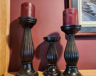 Set of 3 Black Wooden Pillar Candle Holders with Red Candles