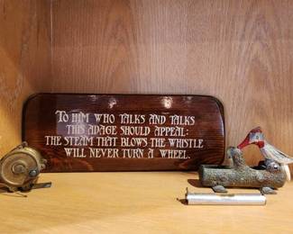 Vintage Brass Fishing Reel and Folk Art Duck Decoy with Motivational Sign