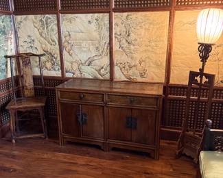 Antique Chinese Chair, a Custom Oriental Style Entertainment Cabinet, and a Chinese Floor Lamp