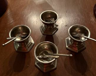 Set of 4 Match Pewter Salt Cellars with 4 Salt Spoons and 4 Mustard Spoons