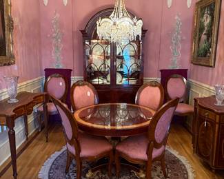 46” Round Baker Dining Table with 2 -20”Leaves, 6 Henredon Chairs (sold in pairs), Henredon 2pc Lighted Hutch