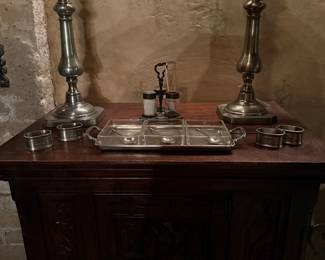 Set of 4 Match Pewter Napkin Rings and Match Pewter and Glass Condiment Tray with 3 Spoons 