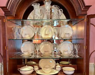 37pc Set of Lenox “Spring Vista”, 24pc Set of Waterford “Charlemont” Stems, and Antique Cut Glass Pitchers and Vase