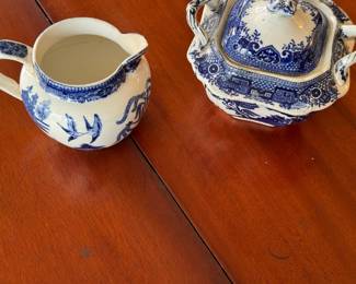 Blue and white cream and sugar