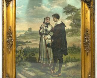 GEORGE H. BOUTON PAINTING, JOHN ALDEN AND PRISCILLAS COURTSHIP 1903 PRINT