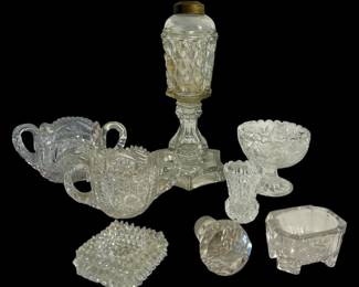 Antique Vintage Crystal Set Whale Oil Lamp, Crystal Dishes
