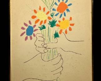 Lithograph Print Bouquet De Fleurs Flowers Of Peace Or Hands With Flowers Signed, Pablo Picasso