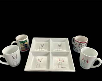 BIA Cordon Blue ‘Happy Holidays’ ceramic serving tray & 2 matching mugs, 
2 additional Xmas mugs 