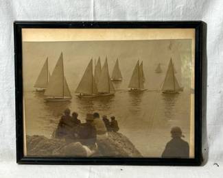 Vintage Black And White Photograph Of Sailboat Race