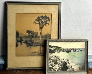 Antique Etching Titled Wooded Area Near A River, Plus Photography Of Rocky Shore