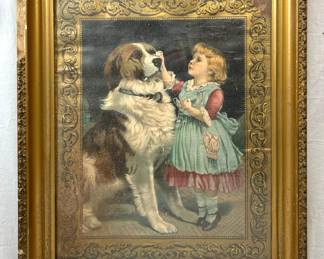 Antique Print, St. Bernard Dog With Little Girl By Painter Charles Barber