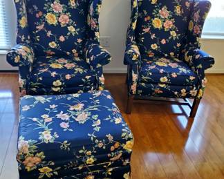 Blue Floral Queen Anne Chairs & Ottoman