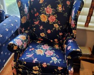 Blue Floral Queen Anne Chairs & Ottoman
