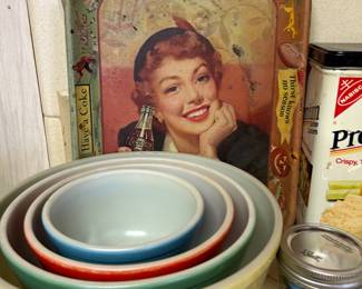 Vintage Primary colors pyrex mixing bowl set, Cocal Cola tray