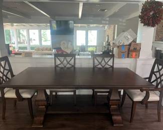 7' dining table w/additional 18' leaf and 8 armchairs  (showing table base)