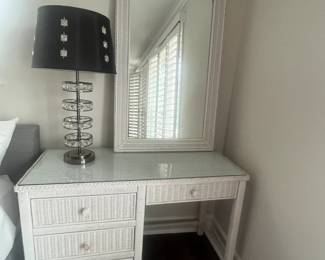 White wicker desk w/glass top, mirror