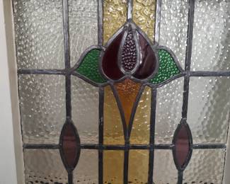 Stained glass window panel - red, purple, green, gold & yellow flower panel