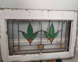 Stained glass window pane - gold & green double flowers panel