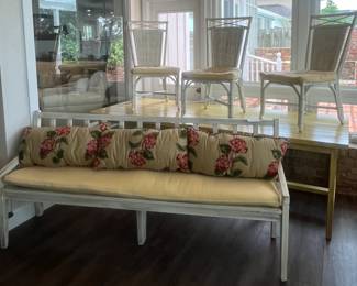 Yellow farm table, 6 chairs and bench