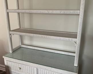 White wicker chest w/glass top & hutch shelves