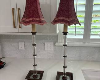 Pair Chapman Vintage Blown Glass Bamboo Column and Brass Accent Table Lamps, 1984