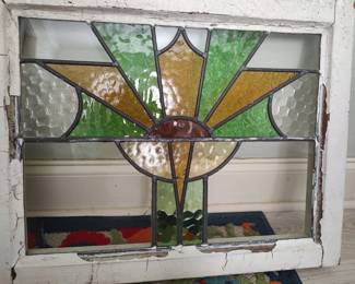Stained glass window pane - yellow,, green & purple starburst panel; as is w/3 small cracks
