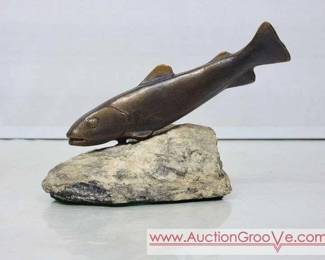 1 Charles Reussner. Bronze Fish Sculpture on a Rock. Signed Reussner