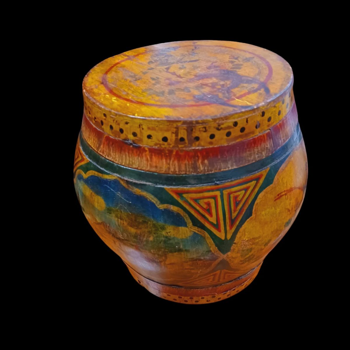 Chinese Wooden Hand Painted Rice Bucket With Lid