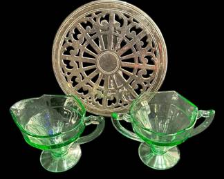 Depression Glass Sugar And Creamer And Silver Plated Trivet
