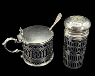 Silver Plate Cobalt Blur Glass Godinger Salt Shaker, Cobalt Blue Glass Mustard Pot Rogers And Bro Spoon